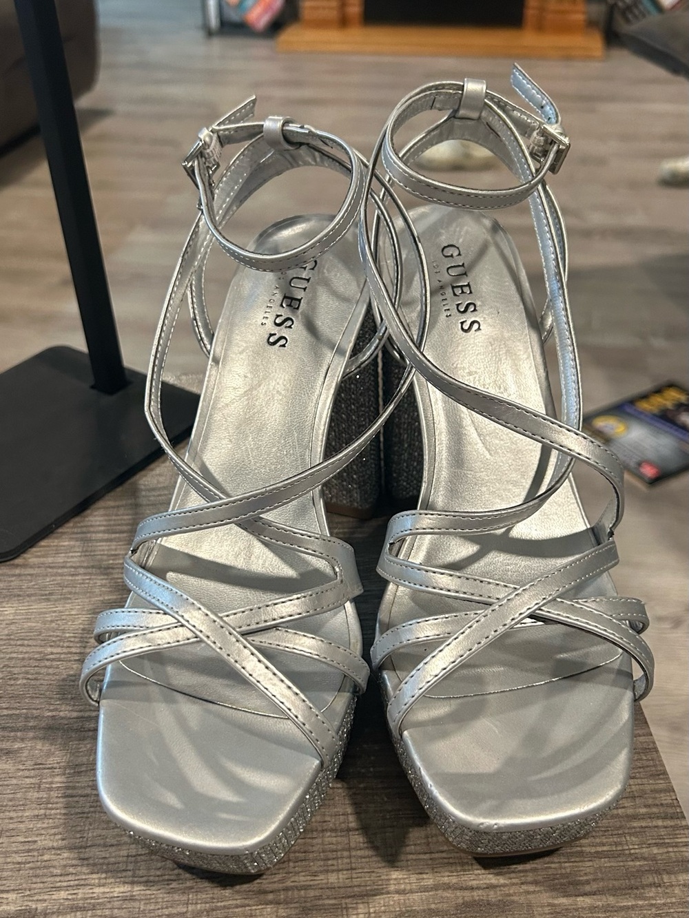 GUESS Metallic Silver Strappy Block Heel Sandals